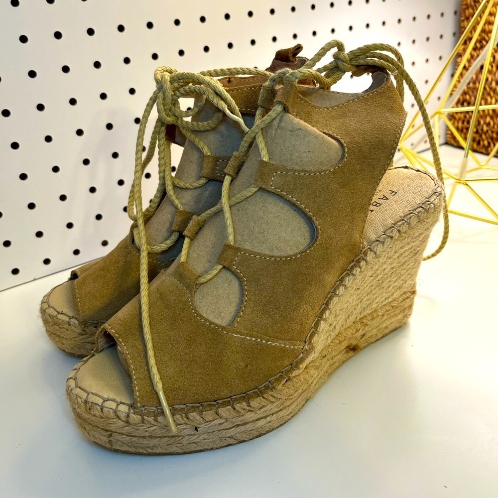 Fabiolas Tan Lace Up Cut Out Wedge Leather Espadrille Sandals
